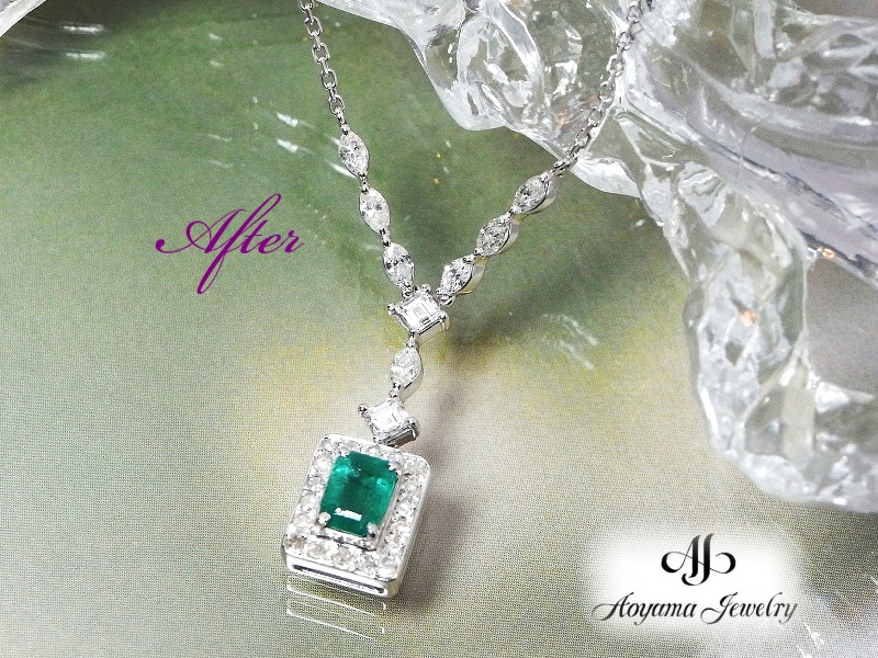 【リフォーム後】3本のリングからリフォームしたエメラルドペンダント